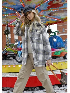 Ecru/sivá dámska károvaná košeľová bunda (AG3-1813)