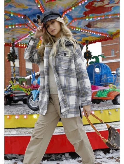 Ecru/sivá dámska károvaná košeľová bunda (AG3-1813) Ecru/sivá dámska károvaná košeľová bunda (AG3-1813)