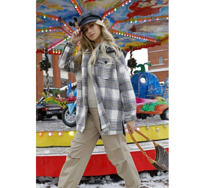 Ecru/sivá dámska károvaná košeľová bunda (AG3-1813) Ecru/sivá dámska károvaná košeľová bunda (AG3-1813)