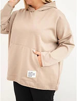 Dámska mikina Plus Size z viskózy s kapucňou a klokaním vreckom v kamelovej farbe