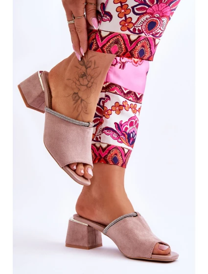 Zamszowe Klapki Na Obcasie S.Barski KV-612-2 Beżowe