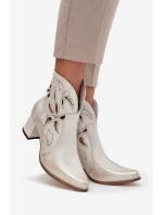 Skórzane Ażurowe Botki Damskie Na Słupku Zazoo 3647 Złoty Przecierany