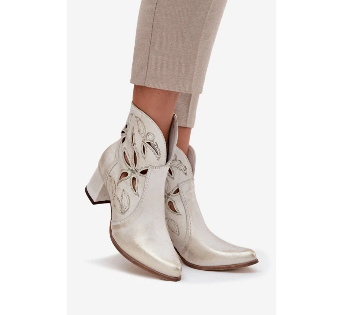 Skórzane Ażurowe Botki Damskie Na Słupku Zazoo 3647 Złoty Przecierany