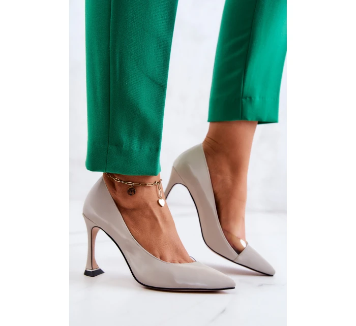 Modne Skórzane Szpilki Jasnoszare Tamira