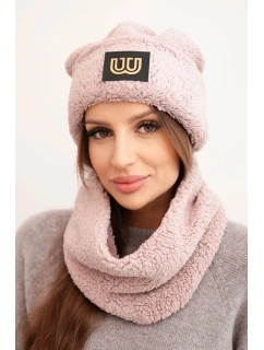 Dámska polárna flísová čiapka a šál s ozdobnou nášivkou tmavo púdrovo ružová