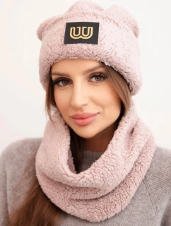 Dámska polárna flísová čiapka a šál s ozdobnou nášivkou tmavo púdrovo ružová