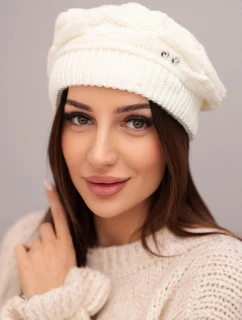 Dámska zimná vlnená čiapka s ozdobnými kryštálmi K399 ecru