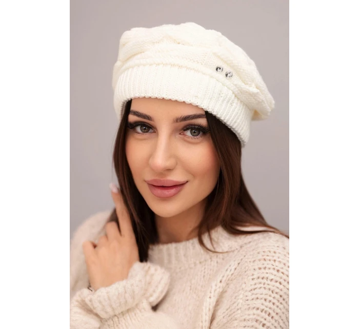 Dámska zimná vlnená čiapka s ozdobnými kryštálmi K399 ecru