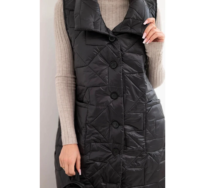 Dámská prošívaná dlouhá vesta s kapsami a se stojáčkem černá