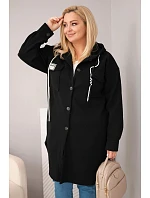 Dámske Plus veľkosť kabát s kapucňou s gombíkmi čierna