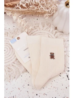 Dámske teplé ponožky s vlnou a motívom medvedíka - ecru