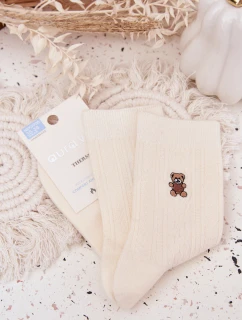 Dámske teplé ponožky s vlnou a motívom medvedíka - ecru