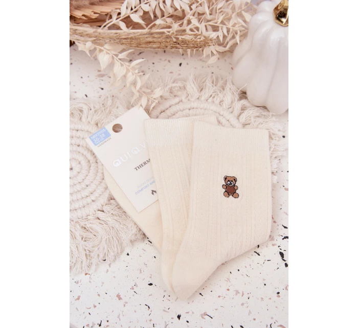 Dámske teplé ponožky s vlnou a motívom medvedíka - ecru Dámske teplé ponožky s vlnou a motívom medvedíka - ecru
