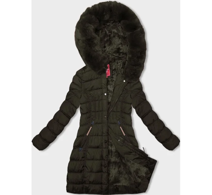 Dámska zimná bunda v khaki farbe s kapucňou (2M-21013)