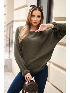 Dámsky mohérový sveter s volánovými rukávmi a výrezom na chrbte khaki