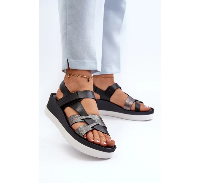 Zazoo 40397 Damskie Skórzane Sandały Na Platformie Czarne