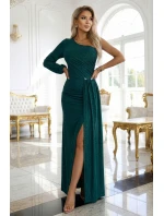 658-2 Trblietavé maxi šaty na jedno rameno s asymetrickými rukávmi a rozparkom - fľaškovo zelené