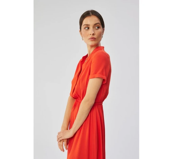 S366 Viskózové šaty so šnúrkou v páse - koralové