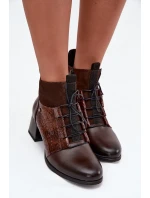 Zazoo 60503 Skórzane Botki Na Obcasie Ocieplane Czekoladowe