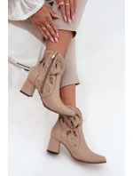 Skórzane Ażurowe Botki Damskie Na Słupku Zazoo 3647 Jasnobeżowe