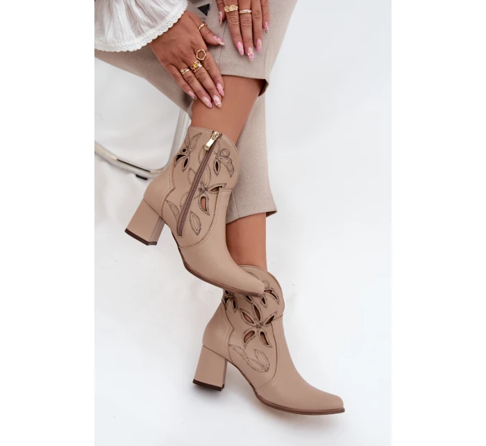 Skórzane Ażurowe Botki Damskie Na Słupku Zazoo 3647 Jasnobeżowe
