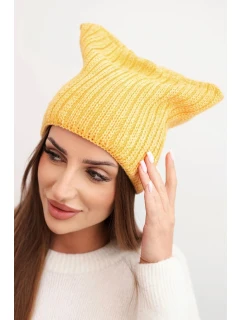 Dámska zimná vlnená čiapka s mačacím strihom z rebrovaného úpletu K419 žltá