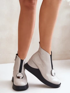 Lakierowane Botki Na Koturnie Ocieplane D&A MR880-136 Jasnoszare