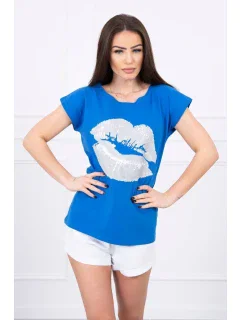 Blúzka s potlačou pier nevädzovo modrá