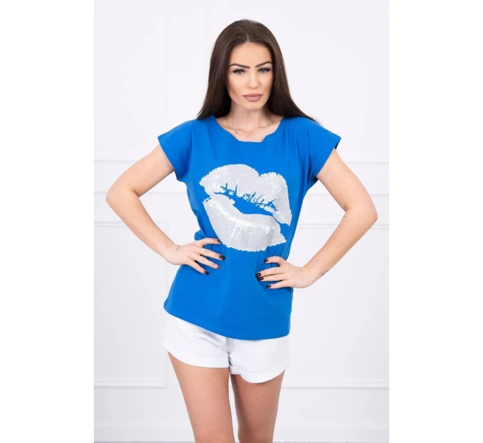 Blúzka s potlačou pier nevädzovo modrá