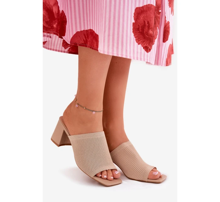 Klapki Damskie Na Obcasie Typu Słupek Beżowe Wenilan