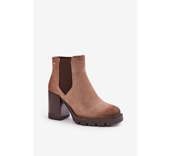 Ocieplane Botki Damskie Na Słupku Z Eko Zamszu Vinceza 58356 Beżowe