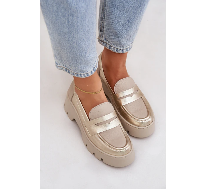 Skórzane Mokasyny Damskie Na Platformie I Płaskim Obcasie Zazoo 20191 Złote