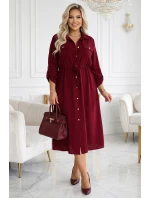 kostkované midi šaty s knoflíky a páskem vínové model 21921783 - numoco basic