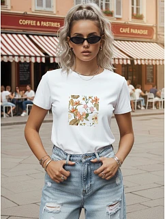 Dámske bavlnené tričko s motívom listov, biele, FashionStreet NX8052RY