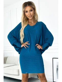 402-3 Netopierie šaty s výstrihom - morská farba s trblietkami