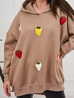 Zateplená mikina s jahodovým motívom tmavo béžová
