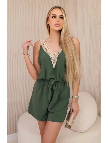 Krátky overal s ozdobnou khaki čipkou