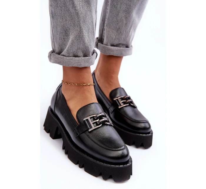 Damskie Skórzane Półbuty Loafersy Z Ozdobą Laura Messi 2699 Czarne