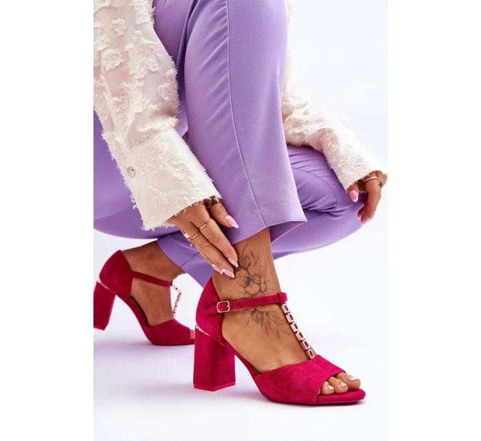 Zamszowe Sandały Na Obcasie Z Cyrkoniami Fuksja Aniya