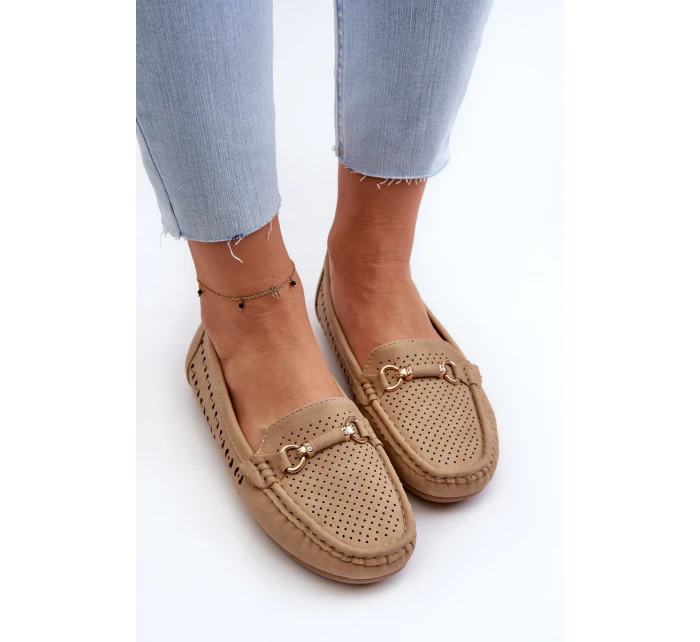 Mokasyny Damskie Ażurowe Z Ozdobą Brązowe Kaydance