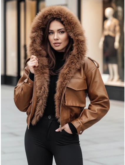 Dámská kožená bunda s kožešinou hnědá Dstreet model 21995411 - FashionStreet
