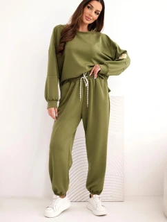 Dámský máslový komplet s volnou mikinou a kalhotami s nápisem LOVE olivový