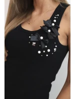 Dámský žebrovaný top z bavlny s květinovou aplikací černá