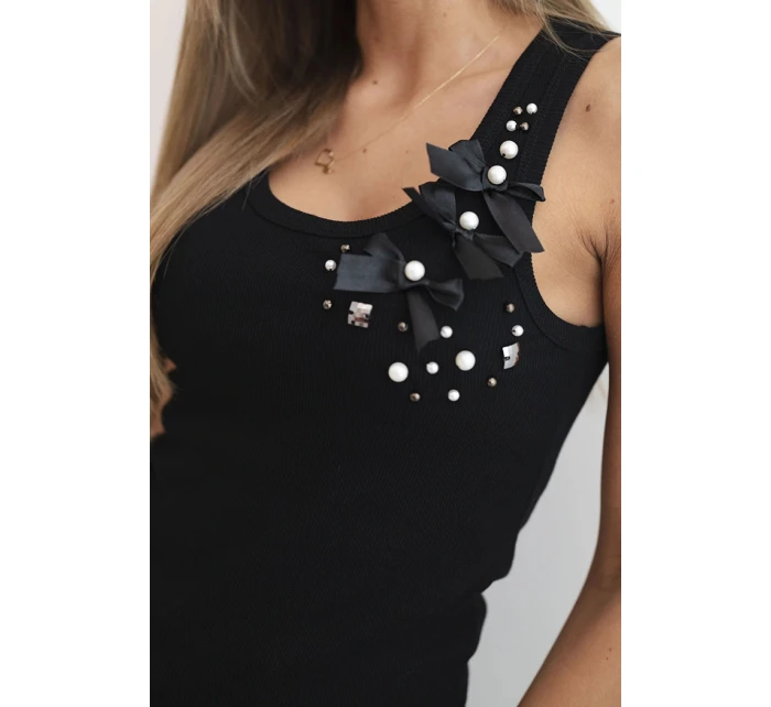 Dámský žebrovaný top z bavlny s květinovou aplikací černá