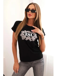 Dámská bavlněná halenka s ozdobným potiskem ESL černá