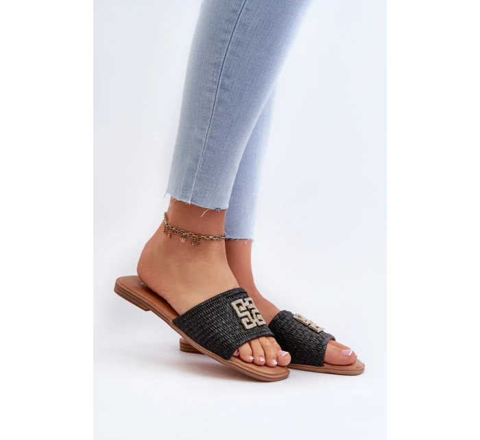 Ploché dámské žabky s pletením a ozdobou černé model 21657874 - EVENTO