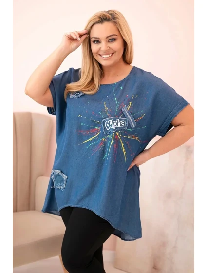 Dámská halenka Plus Size s nášivkami džínovina