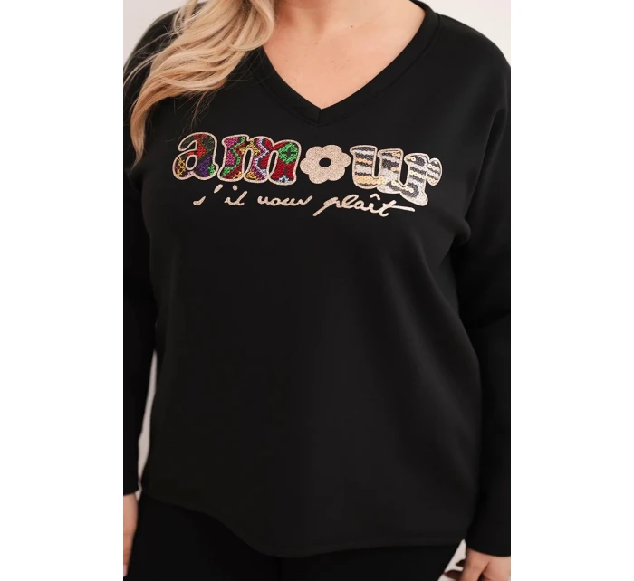 Dámská mikina Plus Size s nápisem a výstřihem do V černá