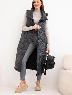 Dámská prošívaná dlouhá vesta s kapsami a se stojáčkem černá