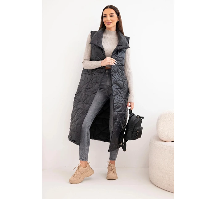 Dámská prošívaná dlouhá vesta s kapsami a se stojáčkem černá